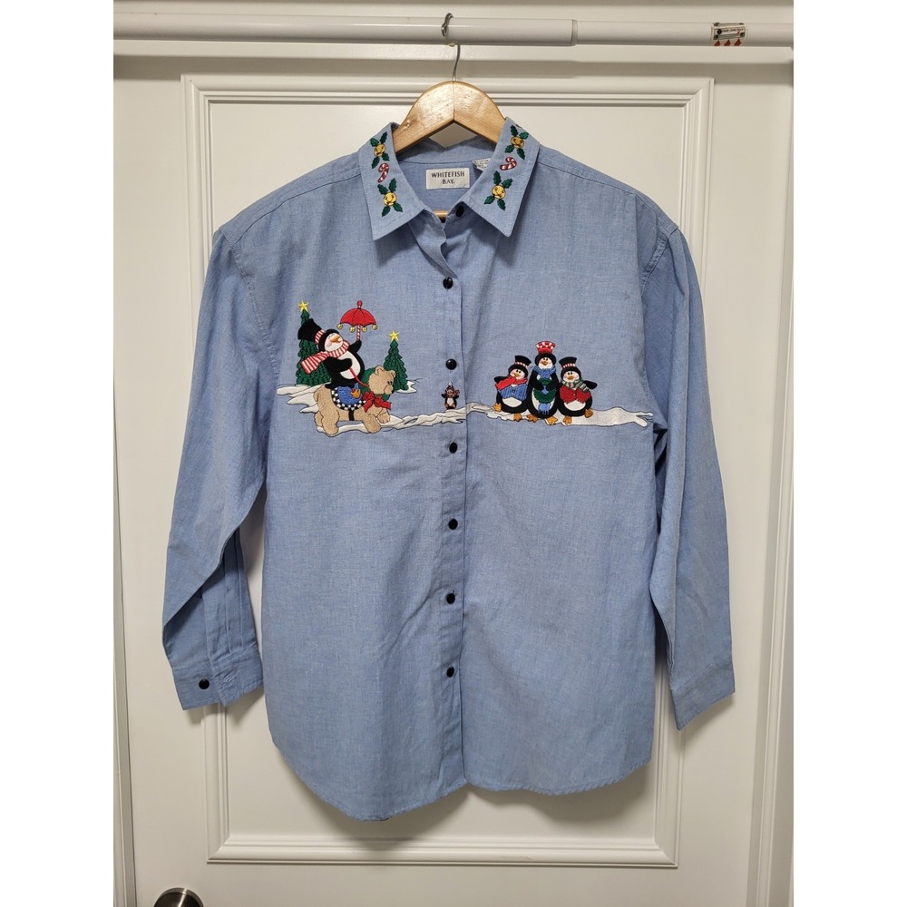 Vtg Whitefish Bay Chambray Embroidered Holiday Penguins Button Up Shirt Sz M